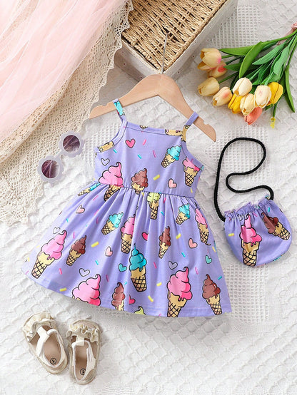 فستان بدون أكمام مناسب لفتاة الأطفال بطبعة جميلة للآيس كريم مع حقيبة ،ربيع/صيف