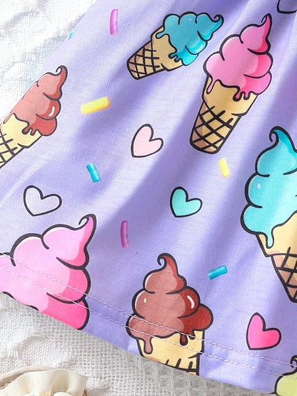 فستان بدون أكمام مناسب لفتاة الأطفال بطبعة جميلة للآيس كريم مع حقيبة ،ربيع/صيف