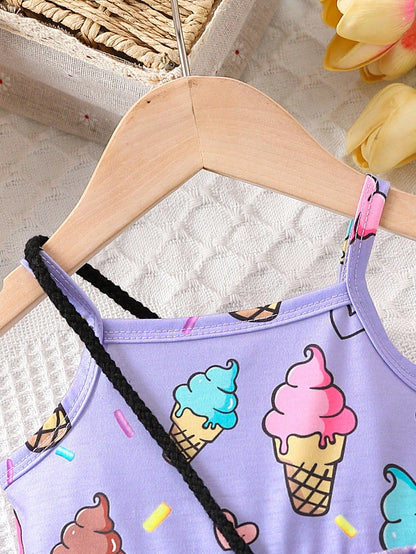 فستان بدون أكمام مناسب لفتاة الأطفال بطبعة جميلة للآيس كريم مع حقيبة ،ربيع/صيف
