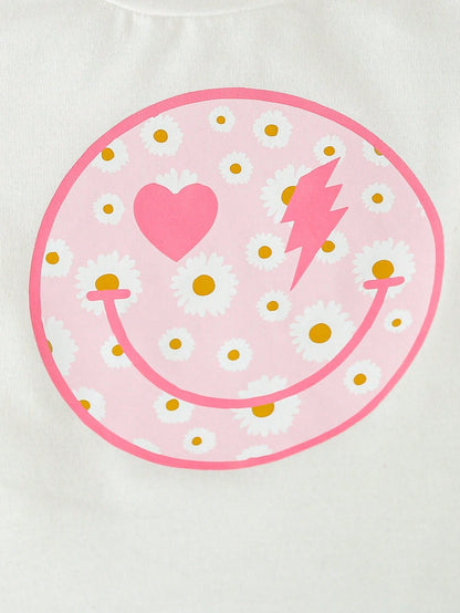 مجموعة تتكون من ملابس علوية طباعة وجه زهرة لطفلة و بنطلون جينز مطبوع بشعار