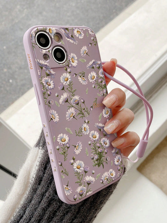 غطاء الهاتف المطبوع الزهري الأزرق المضاد للسقوط مع الجانب المنقوش يأتي مع حزام المعصم