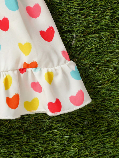 طفلة نمط القلب فستان الشمس طبقة مزدوجة حزام كشكش