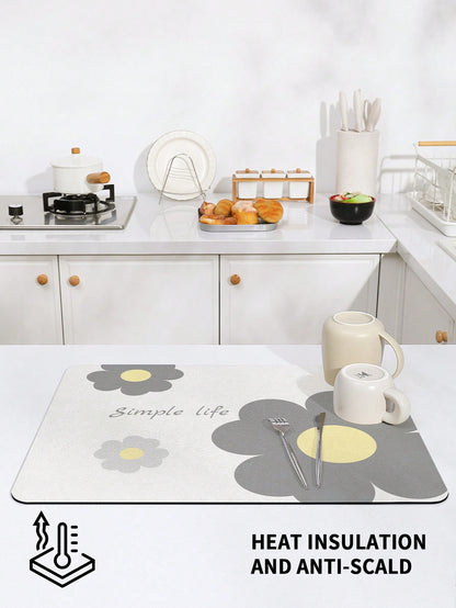 حصيرة تجفيف للمطبخ مصنوعة من مادة البوليستر بأسلوب حياة بسيط وزهور على خلفية بيضاء على أسلوب الحداثة المتناغم والمناسبة للحياة اليومي