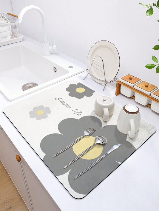 حصيرة تجفيف للمطبخ مصنوعة من مادة البوليستر بأسلوب حياة بسيط وزهور على خلفية بيضاء على أسلوب الحداثة المتناغم والمناسبة للحياة اليومي