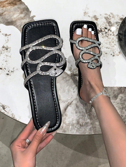 شباشب نسائية بقع بلاستيكية مزخرفة بالراينستون على شكل حية، شباشب بحزام أنيق، شباشب بلاط للشاطئ