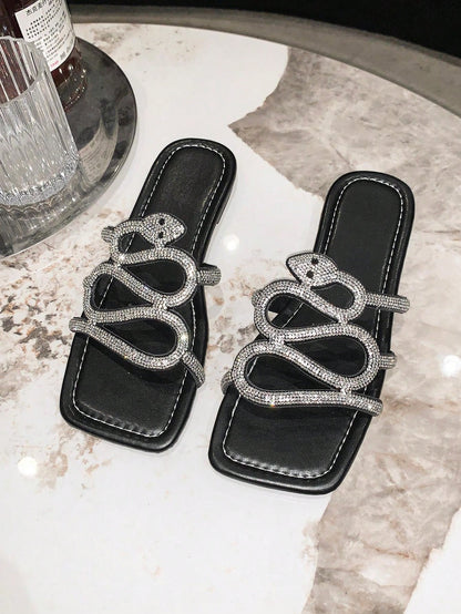 شباشب نسائية بقع بلاستيكية مزخرفة بالراينستون على شكل حية، شباشب بحزام أنيق، شباشب بلاط للشاطئ