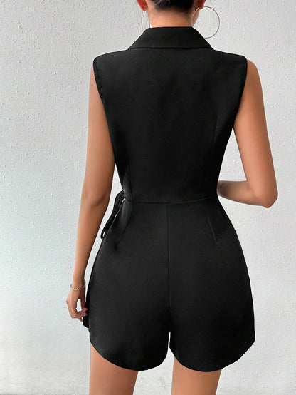 رومبر بلا أكمام وربطة أمامية وطية مدببة في الياقة