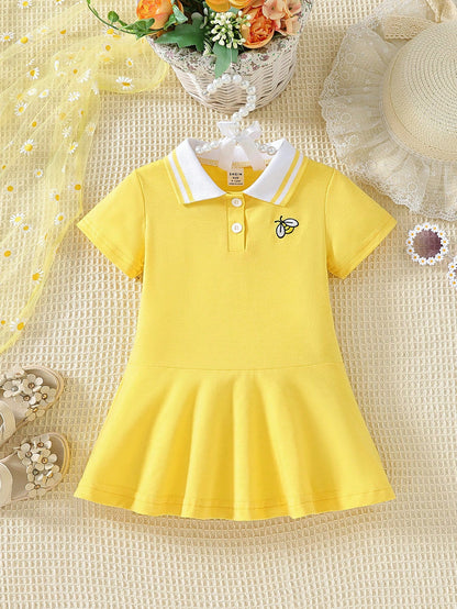فستان بولو كاجوال للبنات الرضع بتطريز زنبور العسل على الياقة لفصل الصيف