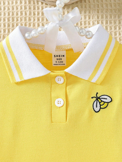 فستان بولو كاجوال للبنات الرضع بتطريز زنبور العسل على الياقة لفصل الصيف