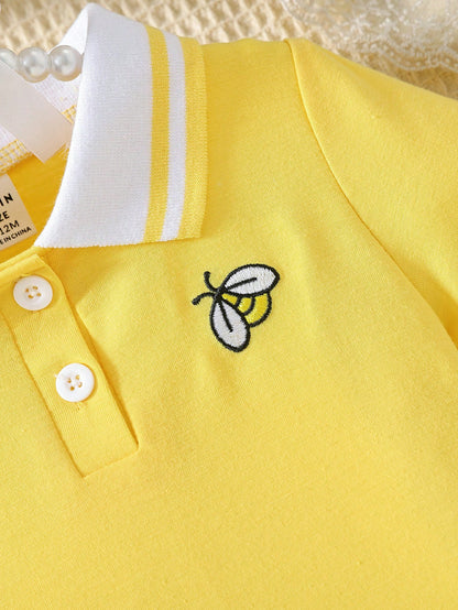 فستان بولو كاجوال للبنات الرضع بتطريز زنبور العسل على الياقة لفصل الصيف