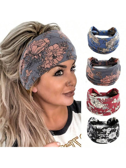 شريط رأس طويل بوهو عريض مع عقدة عصري وطبعة زهور ، استحواذ شديد التمدد للرأس من النسيج يناسب المرأة في الرياضة واليوغا والجري
