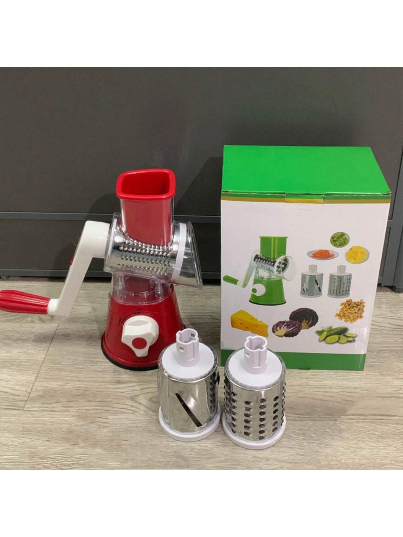 جهاز قطع الخضار بأسطوانة دوارة يدوي متعدد الوظائفللمطبخ ، ومقشر البطاطس و قاطع الخضار مع 3 شفرات