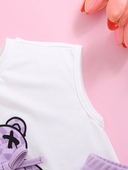 ملابس كاجوال للطفلة مكونة من بنطلون طويل وسترة بلا أكمام بطبعة الدب