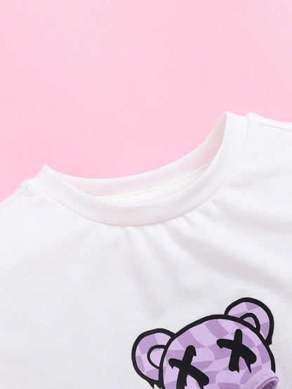 ملابس كاجوال للطفلة مكونة من بنطلون طويل وسترة بلا أكمام بطبعة الدب