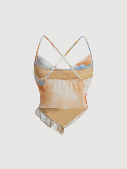 قميص نسائي بلا أكمام وردي اللون بطبعة عقد شاولين غير منتظمة