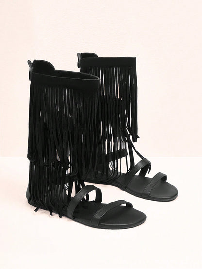 صنادل رومانية عالية بسحاب خلفي وربطات بتدرجات هندسية وشراشيب للنساء، للاستخدام في الصيف، تخفيضات الصيف