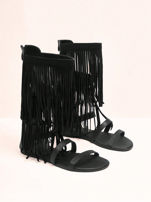 صنادل رومانية عالية بسحاب خلفي وربطات بتدرجات هندسية وشراشيب للنساء، للاستخدام في الصيف، تخفيضات الصيف