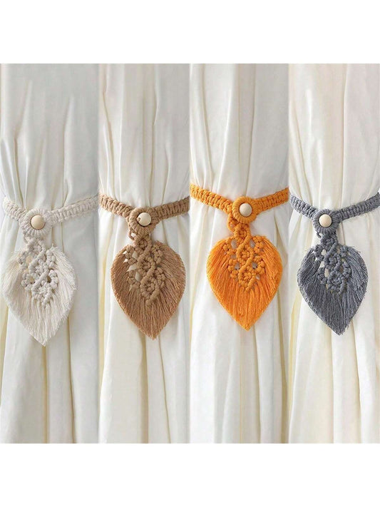 حبل الدانتيل المضفور اليدوي البوهيمي الذي يحتوي على شرائط من الأوراق وحبيبات خشبية ويستخدم لديكور الستائر والأبواب, قطعة واحدة