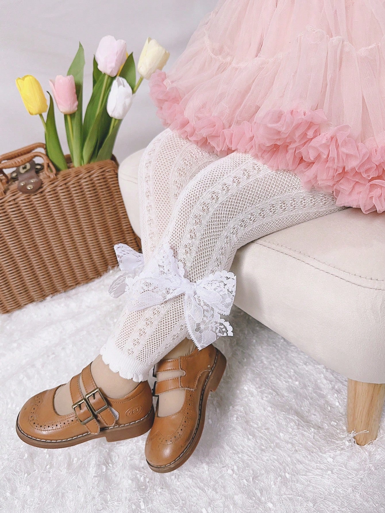 جوارب طويلة كاملة للصبايا مع ربطة عنق مزينة بالدانتيل، للاستخدام في فصلي الربيع والصيف