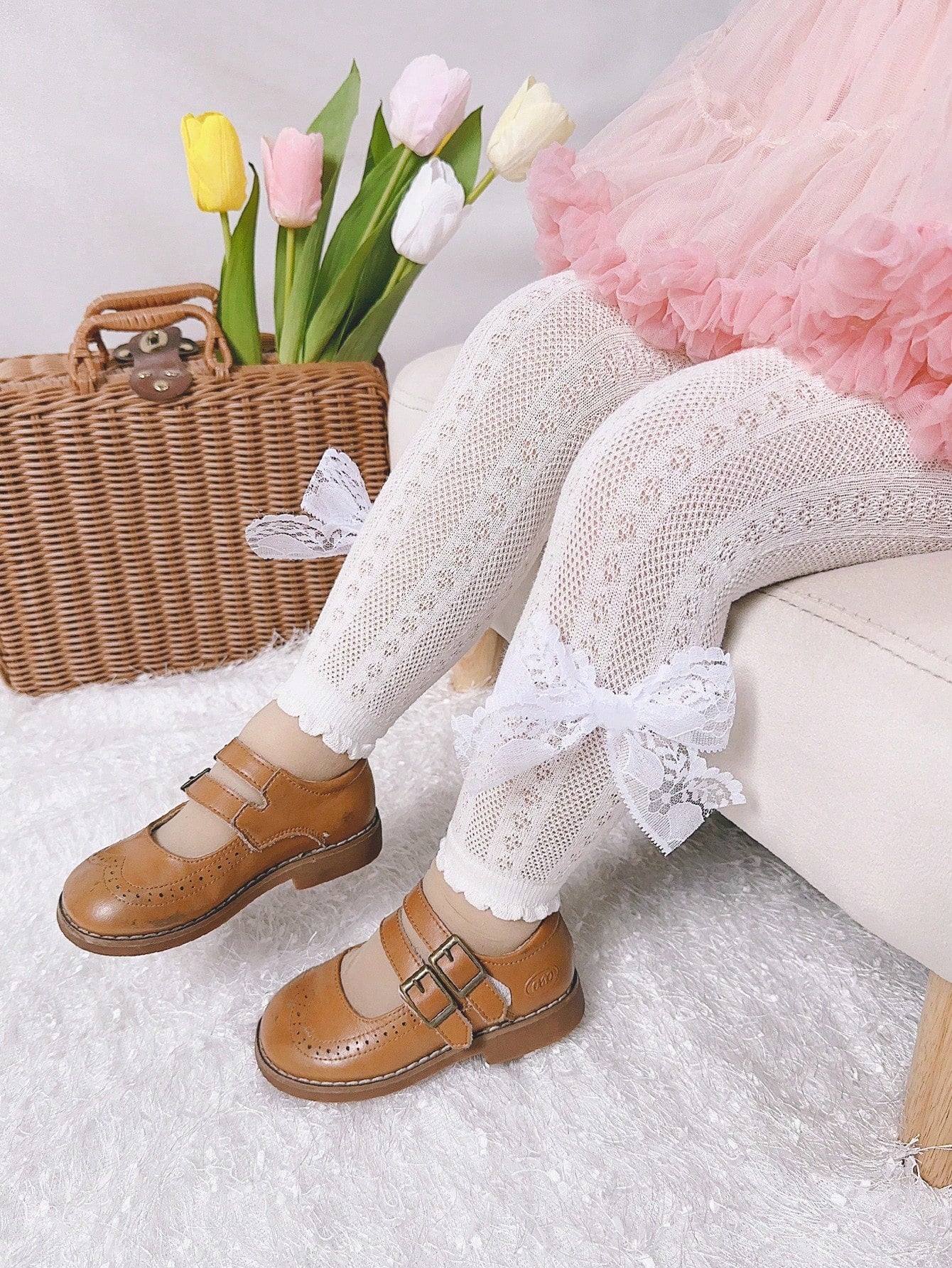 جوارب طويلة كاملة للصبايا مع ربطة عنق مزينة بالدانتيل، للاستخدام في فصلي الربيع والصيف