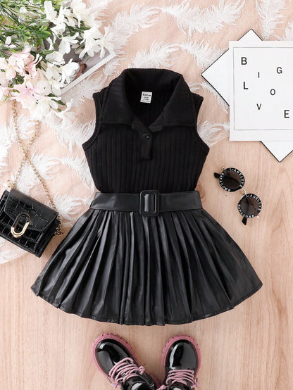 مجموعة قميص بدون أكمام مضلع للأطفال الرضع عبارة عن سترة وتنورة بلايزد مطوية PU للفتيات الصغيرات