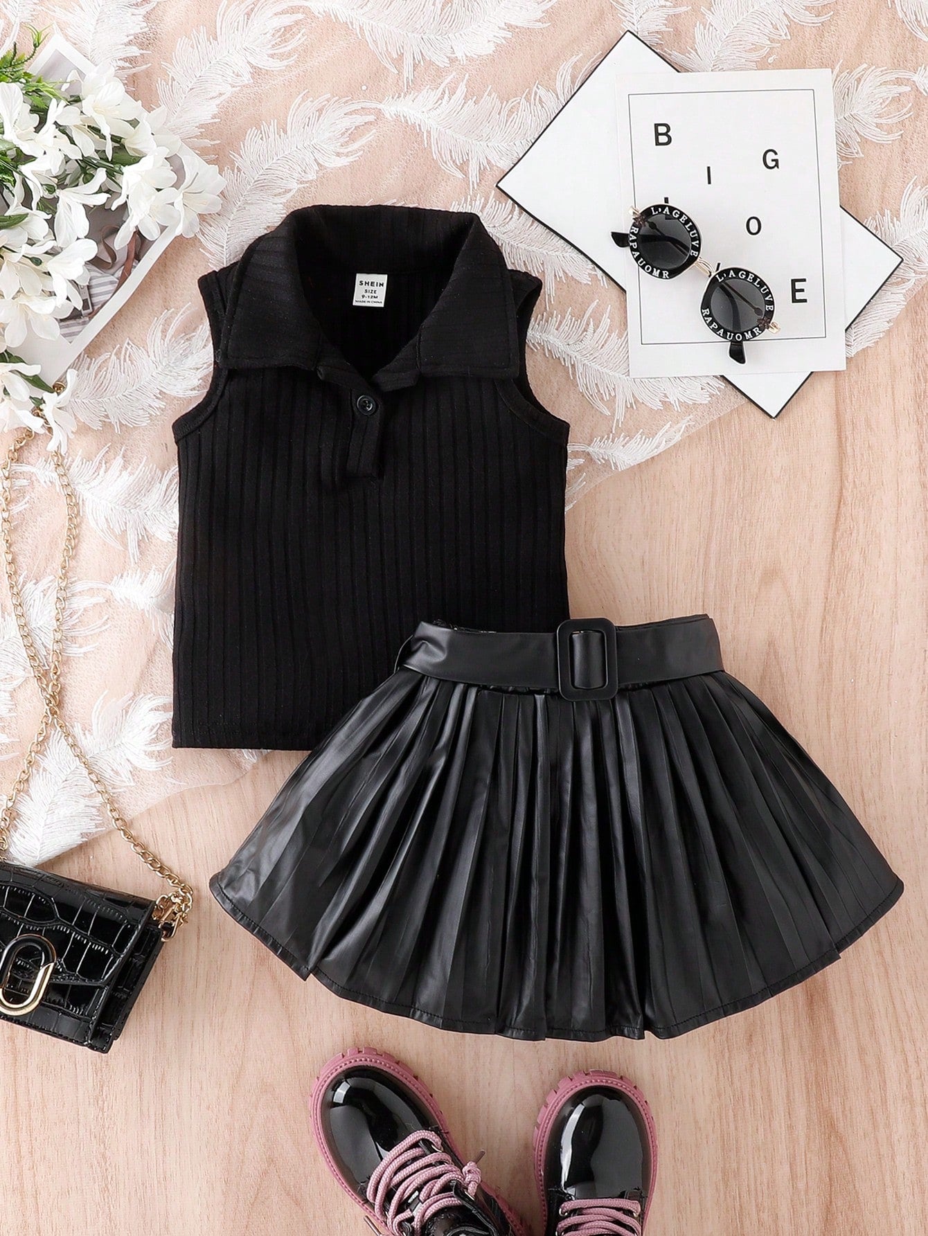 مجموعة قميص بدون أكمام مضلع للأطفال الرضع عبارة عن سترة وتنورة بلايزد مطوية PU للفتيات الصغيرات