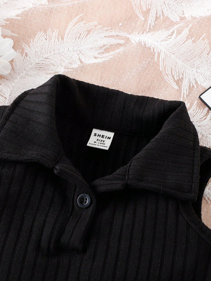 مجموعة قميص بدون أكمام مضلع للأطفال الرضع عبارة عن سترة وتنورة بلايزد مطوية PU للفتيات الصغيرات