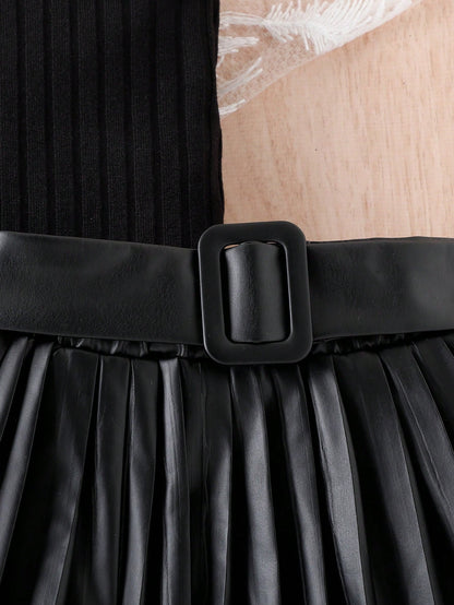 مجموعة قميص بدون أكمام مضلع للأطفال الرضع عبارة عن سترة وتنورة بلايزد مطوية PU للفتيات الصغيرات