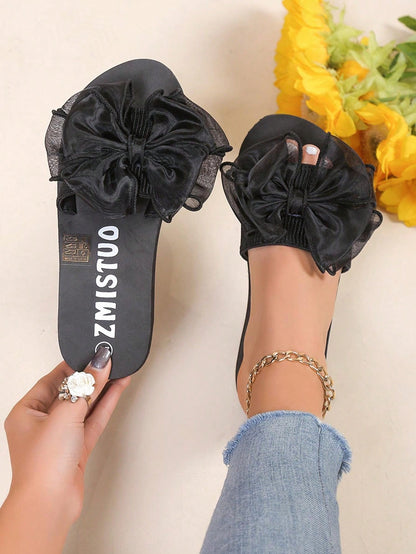 نعل سميك ذو مقدمة مسننة لصندل نسائي مدبب في الصيف، شبشب خارجي/داخلي غير منزلق موضة أسود