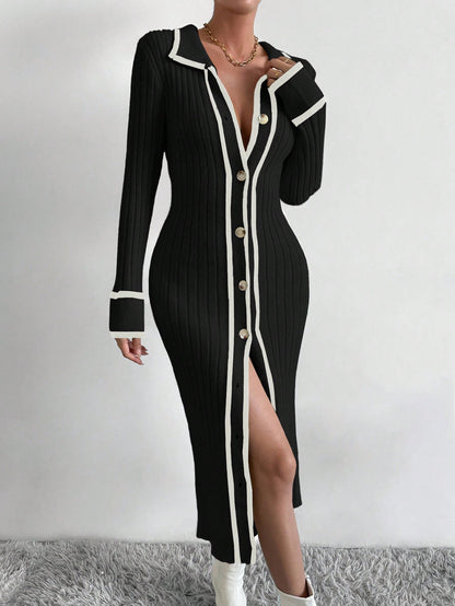 فستان سترة منقسم بألوان متداخلة وأطراف ملتفة و أزرار