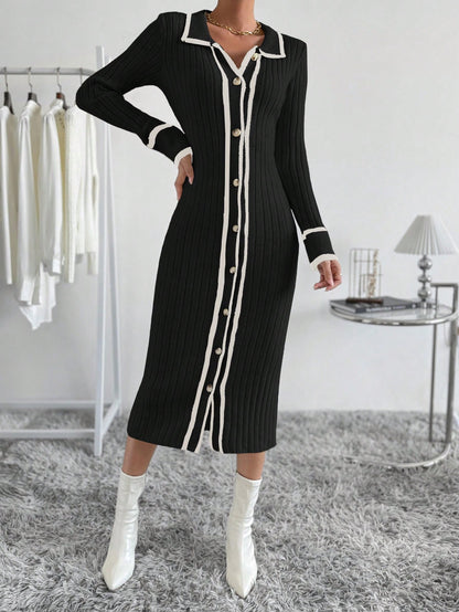 فستان سترة منقسم بألوان متداخلة وأطراف ملتفة و أزرار