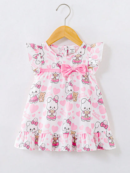 فستان رقبة دائرية 3d على شكل قطعة قلبية بأرنب لطيف وعصري للفتيات الصغيرات، مناسب للربيع والصيف في الهواء الطلق