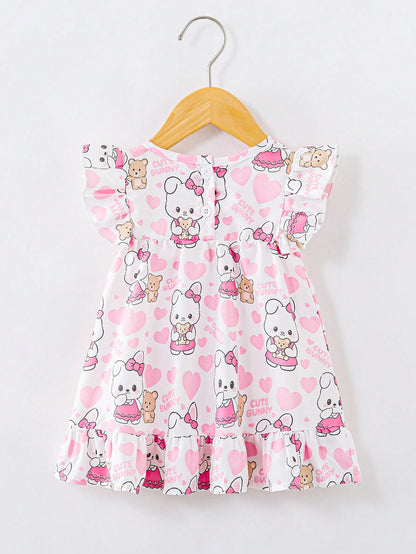 فستان رقبة دائرية 3d على شكل قطعة قلبية بأرنب لطيف وعصري للفتيات الصغيرات، مناسب للربيع والصيف في الهواء الطلق