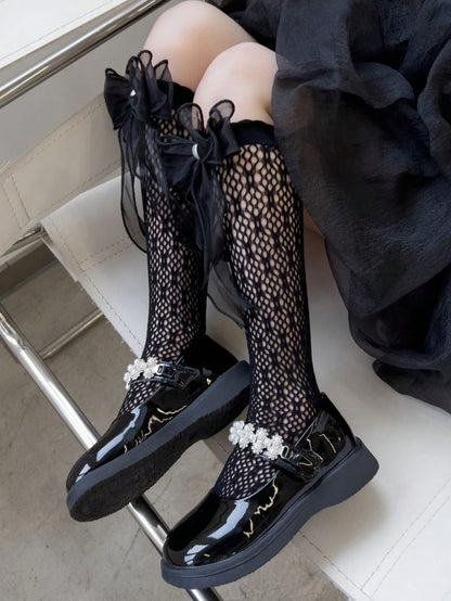 بنطلون ضيق للفتيات للربيع والصيف مع جوارب عالية الركبة من الدانتيل و الشبكة ومزينة باللؤلؤ للطبقة الأساسية