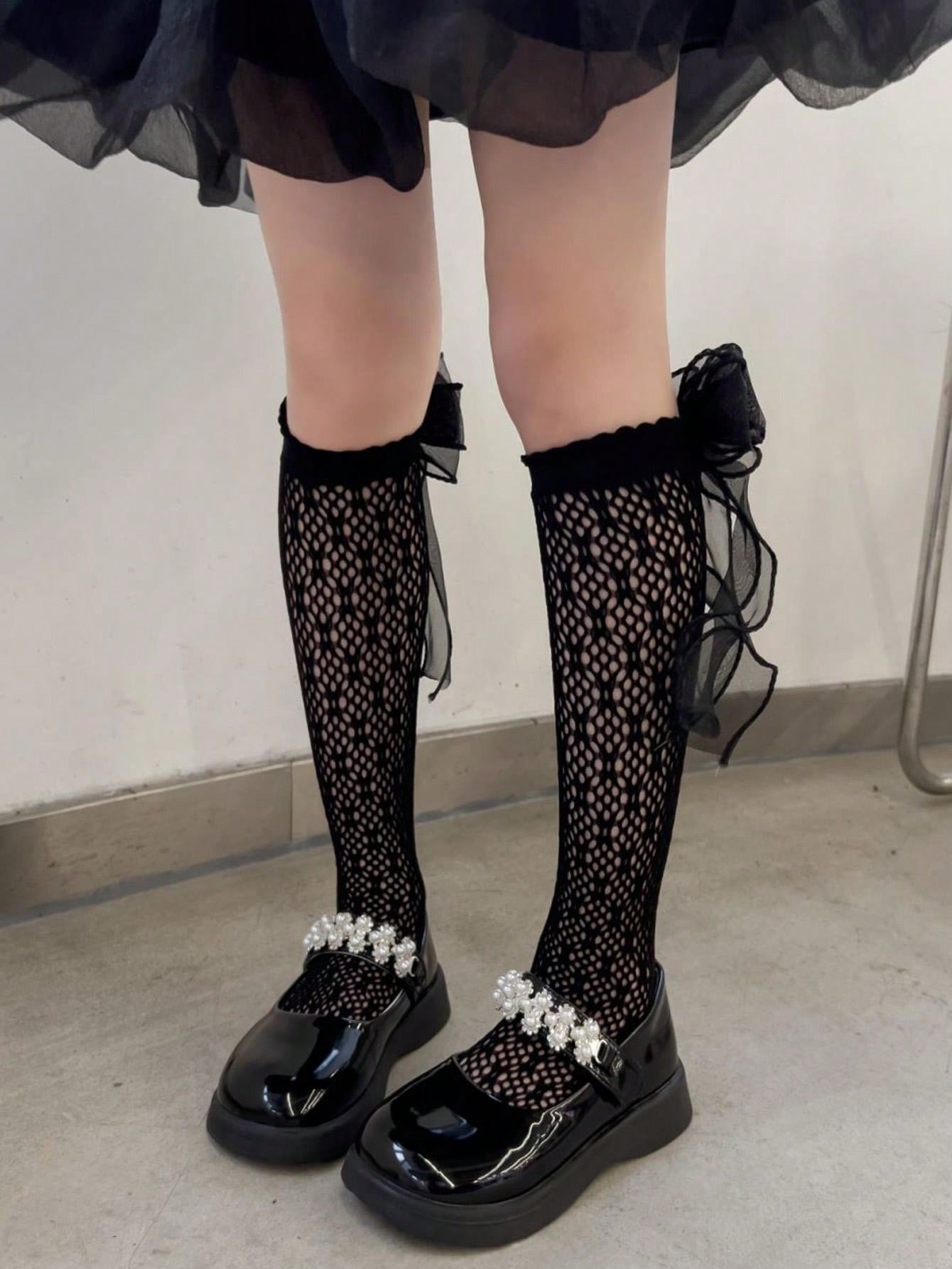 بنطلون ضيق للفتيات للربيع والصيف مع جوارب عالية الركبة من الدانتيل و الشبكة ومزينة باللؤلؤ للطبقة الأساسية