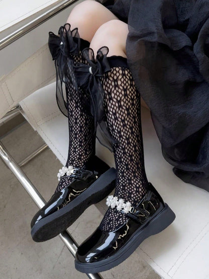 بنطلون ضيق للفتيات للربيع والصيف مع جوارب عالية الركبة من الدانتيل و الشبكة ومزينة باللؤلؤ للطبقة الأساسية