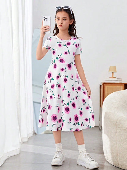 فتيات المراهقة فوق الصغرى فستان محبوك بطبعة زهور وياقة دائرية وحزام واكمام قصيرة