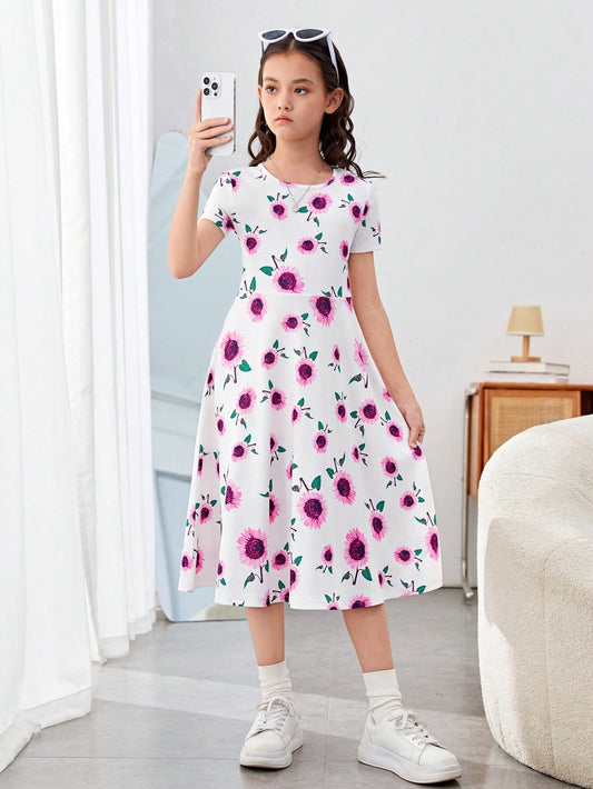 فتيات المراهقة فوق الصغرى فستان محبوك بطبعة زهور وياقة دائرية وحزام واكمام قصيرة