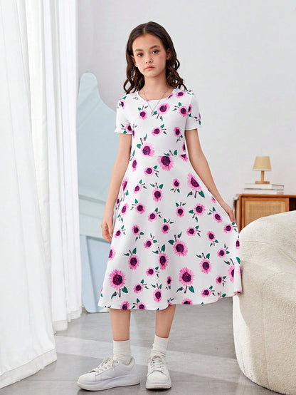 فتيات المراهقة فوق الصغرى فستان محبوك بطبعة زهور وياقة دائرية وحزام واكمام قصيرة