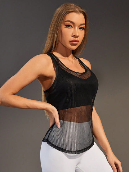 Sport Studio ملابس علوية نسائي رياضي بياقة دائرية من الشبكة ، ملابس تنس نسائية