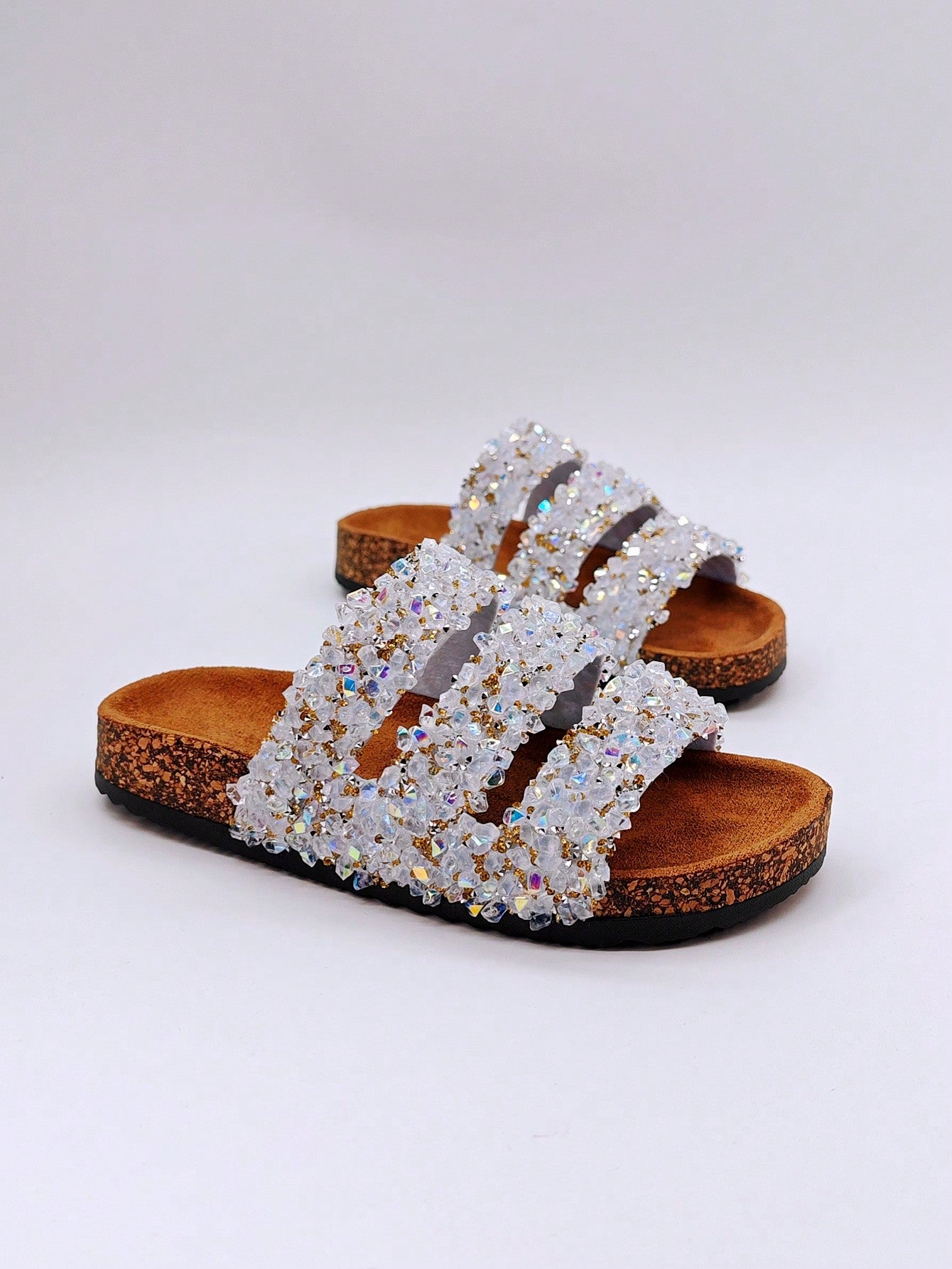 شباشب نسائية لامعة بالراين سوفت وود بنمط مقاوم للماء للاستخدام على الشاطئ وفي الأماكن المريحة والمفتوحة وفي العطلات، صنادل مسطحة