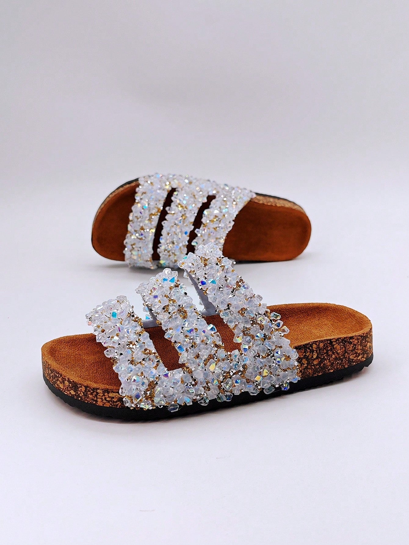 شباشب نسائية لامعة بالراين سوفت وود بنمط مقاوم للماء للاستخدام على الشاطئ وفي الأماكن المريحة والمفتوحة وفي العطلات، صنادل مسطحة