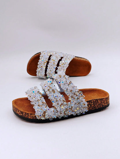 شباشب نسائية لامعة بالراين سوفت وود بنمط مقاوم للماء للاستخدام على الشاطئ وفي الأماكن المريحة والمفتوحة وفي العطلات، صنادل مسطحة