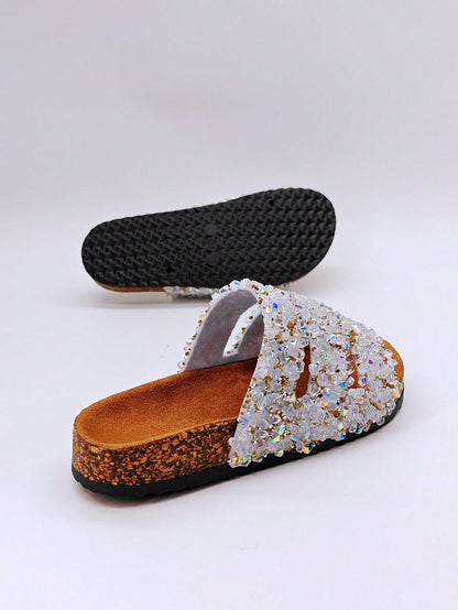 شباشب نسائية لامعة بالراين سوفت وود بنمط مقاوم للماء للاستخدام على الشاطئ وفي الأماكن المريحة والمفتوحة وفي العطلات، صنادل مسطحة