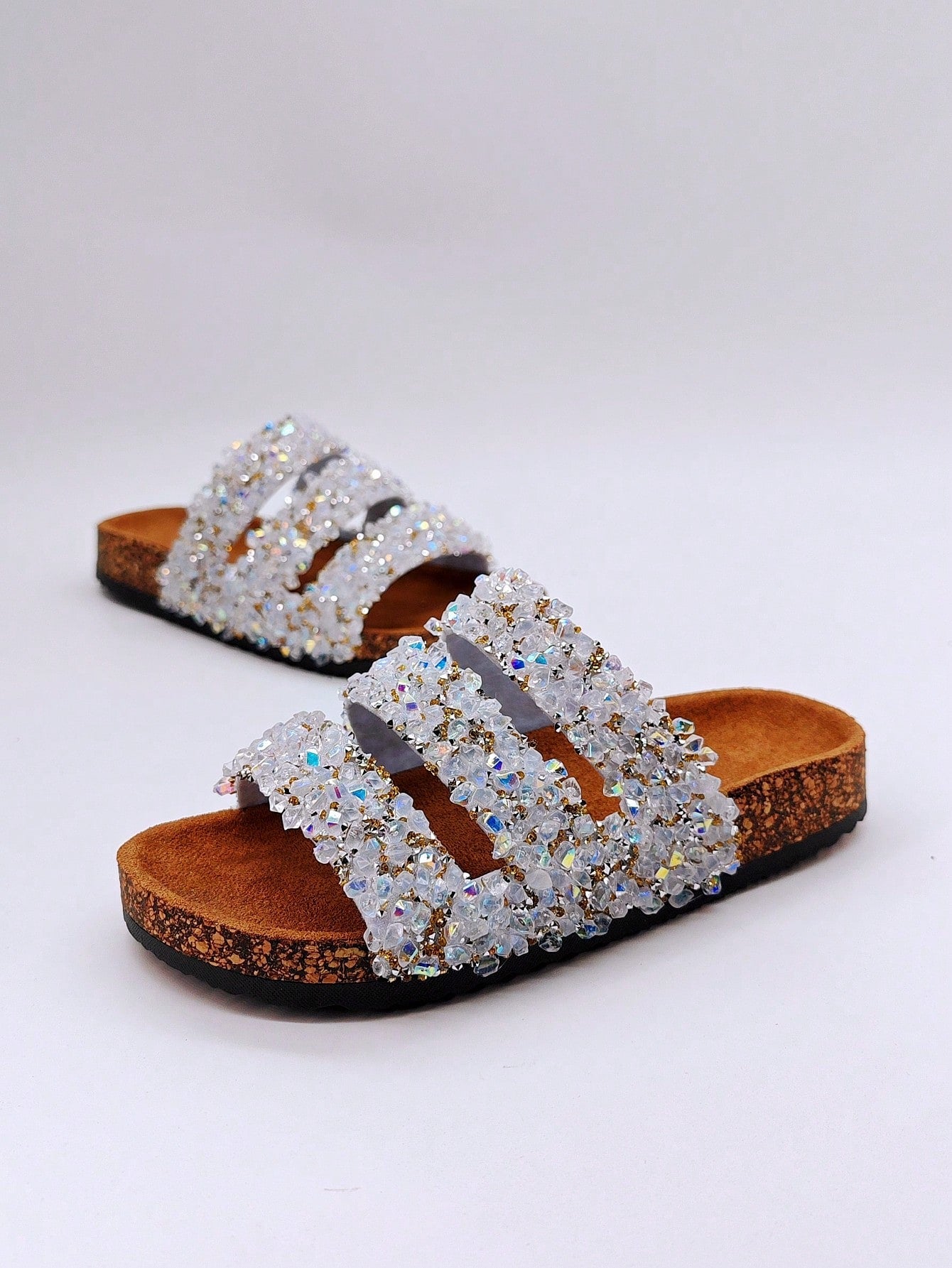 شباشب نسائية لامعة بالراين سوفت وود بنمط مقاوم للماء للاستخدام على الشاطئ وفي الأماكن المريحة والمفتوحة وفي العطلات، صنادل مسطحة