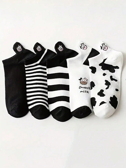جوارب قصيرة مانعة للانزلاق بنمط بقرة كرتونية 5/10/20/30 زوج للربيع/الصيف، جوارب رياضية مريحة ومنفذة للهواء