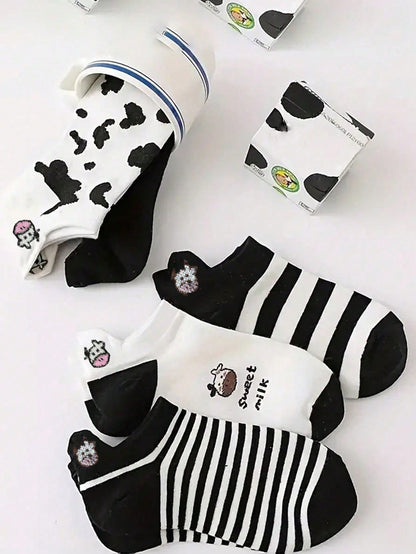 جوارب قصيرة مانعة للانزلاق بنمط بقرة كرتونية 5/10/20/30 زوج للربيع/الصيف، جوارب رياضية مريحة ومنفذة للهواء