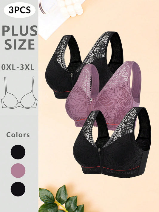 صدرية بسحاب أمامي 3 قطع واسعة بحجم بزمكان إبزيم الدانتيل المريح والمسامية الأمامية