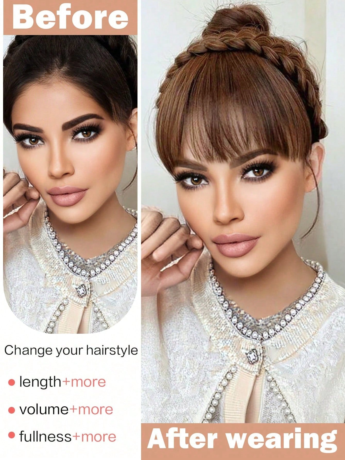 شريط شعر محبوك بثلاثة خيوط اصطناعي مجدول عريض باللون البني باروكة