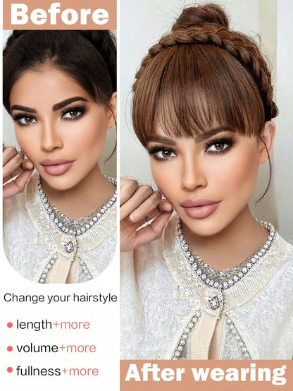 شريط شعر محبوك بثلاثة خيوط اصطناعي مجدول عريض باللون البني باروكة